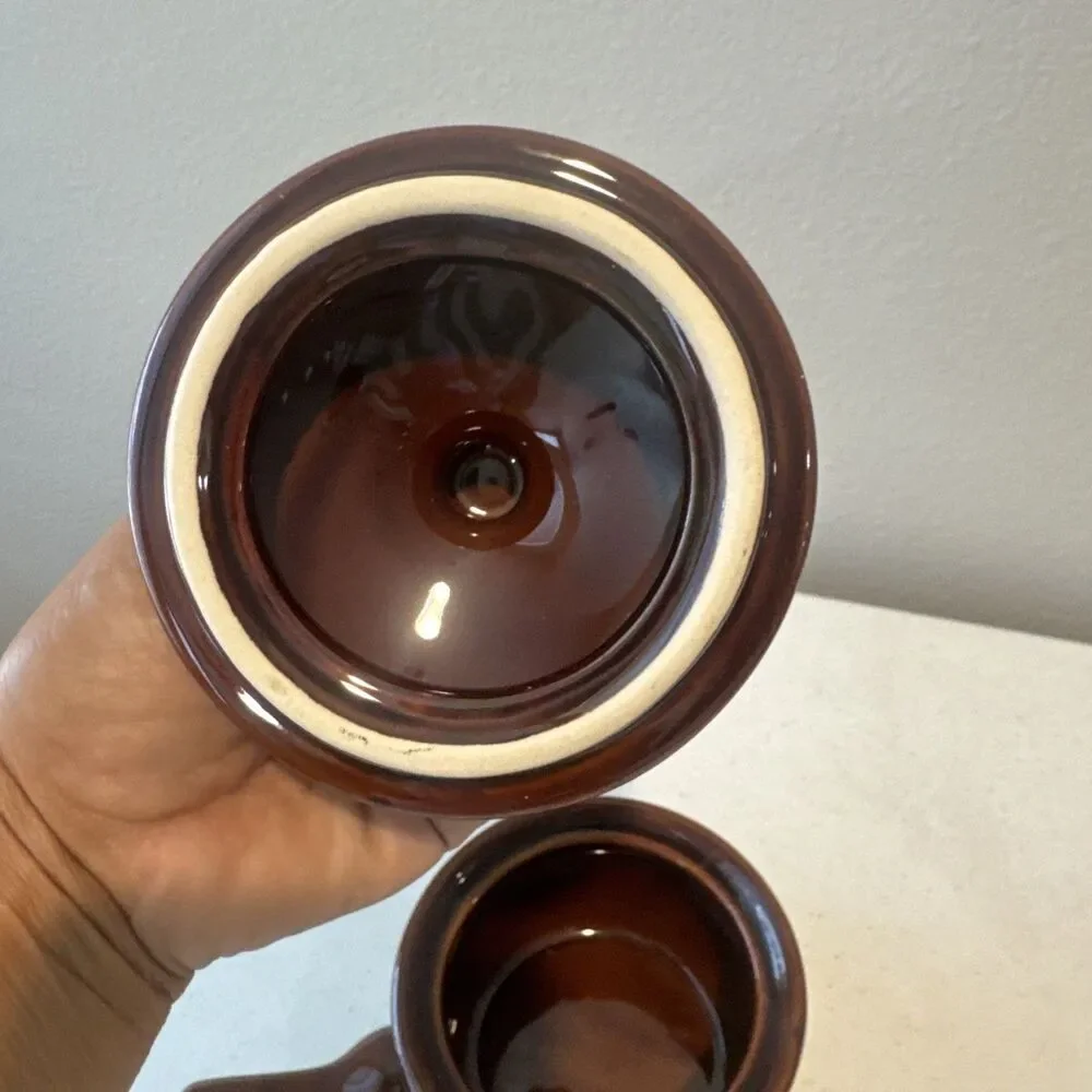 Individual Covered Casserole Dish Pottery Crock with Handle 3 Tone Brown Vintage